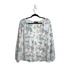Sanctuary White & Mint Green Floral Print Split Neck Blouse Small Women’s